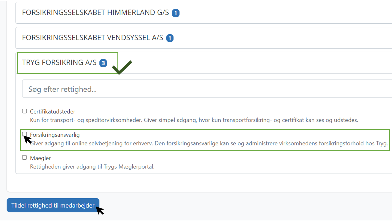 Vælg rettigheden forsikringsansvarlig