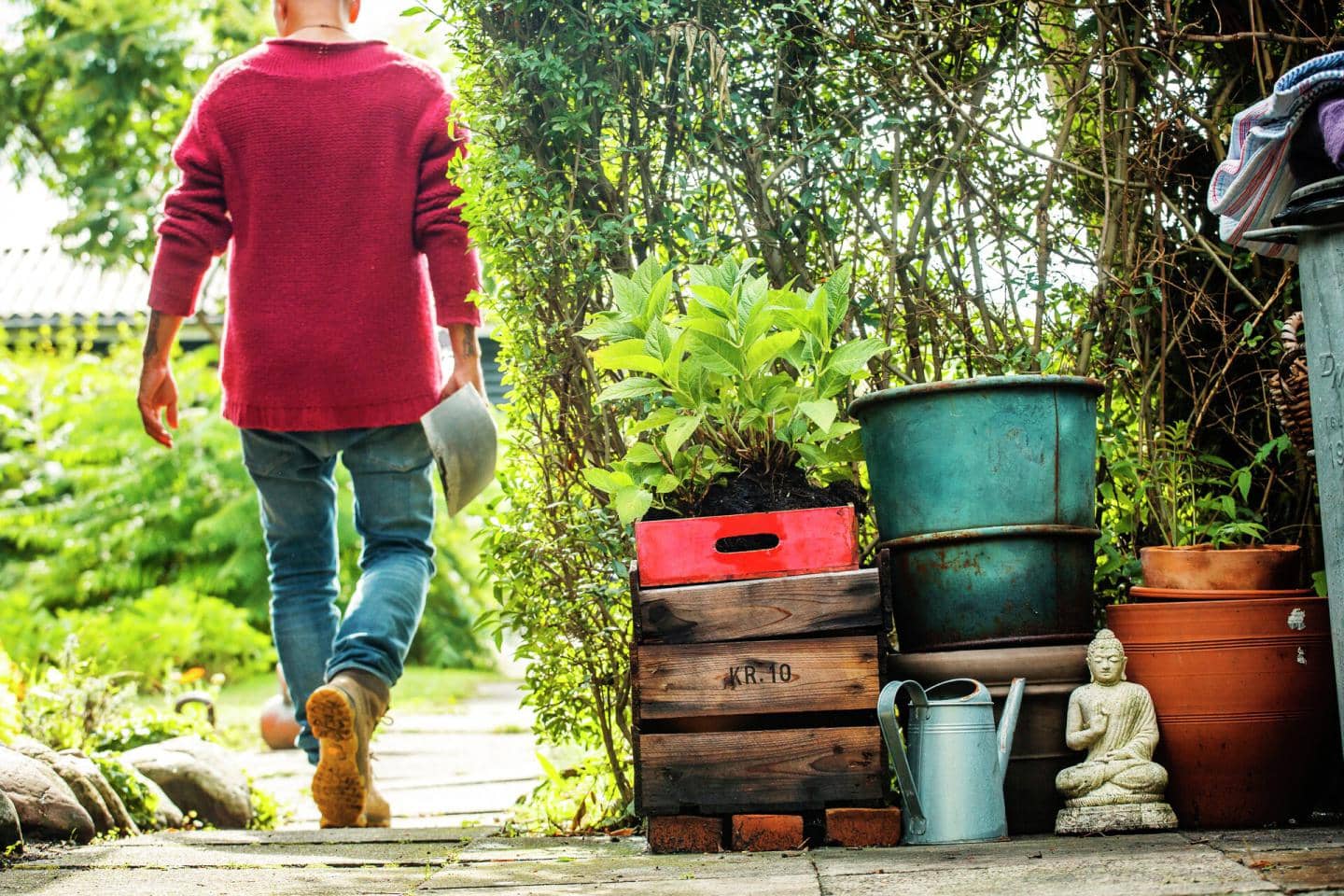 Mand går med ryggen til i sin have med skovl i hånden