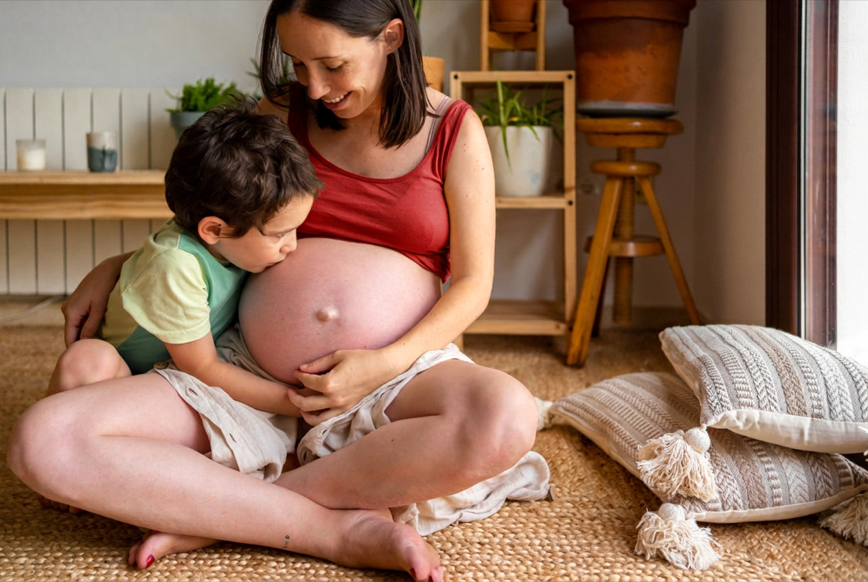Gravid kvinde sidder på gulvet med sit barn, der kysser maven